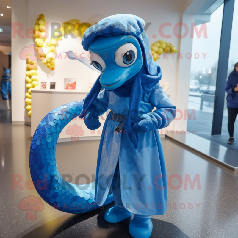 Blue Snake mascot costume character dressed with a Raincoat and Headbands