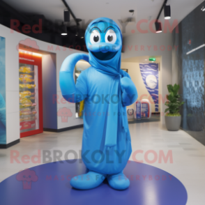 Blue Snake mascot costume character dressed with a Raincoat and Headbands