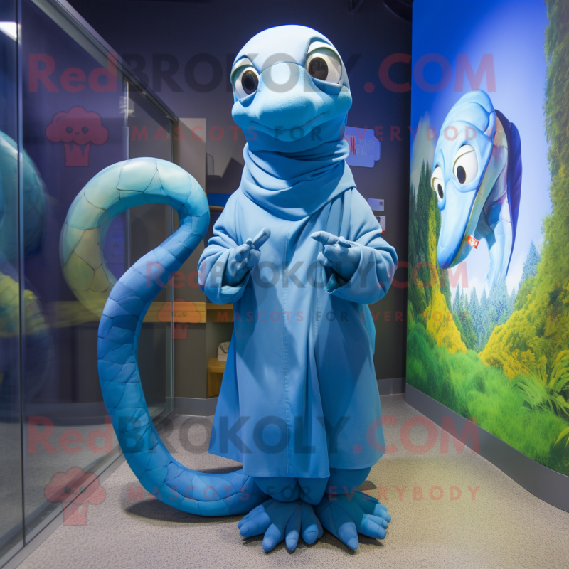 Blue Snake mascot costume character dressed with a Raincoat and Headbands