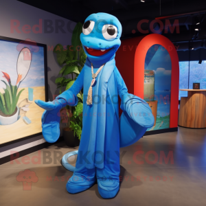 Blue Snake mascot costume character dressed with a Raincoat and Headbands