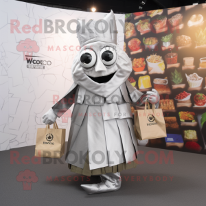 Silver Tacos mascot costume character dressed with a Waistcoat and Tote bags