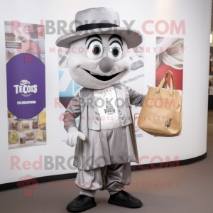 Silver Tacos mascot costume character dressed with a Waistcoat and Tote bags