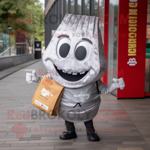 Silver Tacos mascot costume character dressed with a Waistcoat and Tote bags