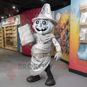 Silver Tacos mascot costume character dressed with a Waistcoat and Tote bags