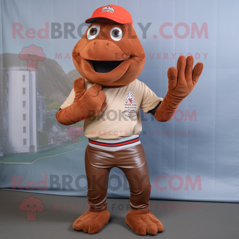 Brown Lobster Bisque mascot costume character dressed with a Joggers and Gloves