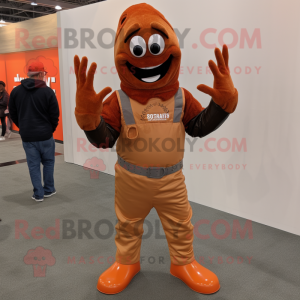 Brown Lobster Bisque mascot costume character dressed with a Joggers and Gloves