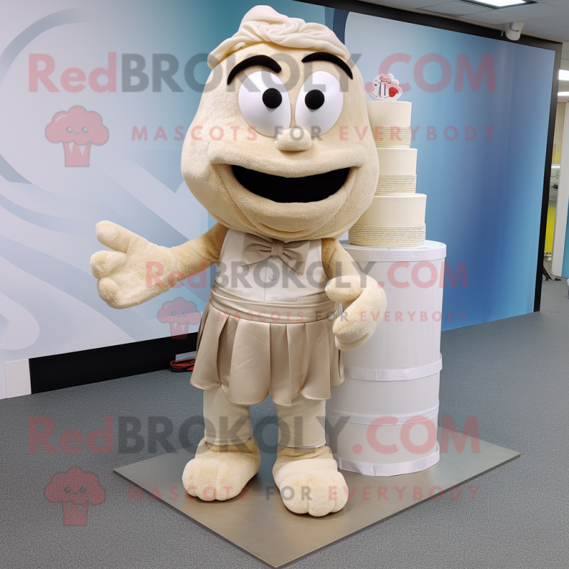 Beige Wedding Cake mascot costume character dressed with a Chinos and Foot pads Beige Wedding Cake mascot costume character dressed with a Chinos and Foot pads
