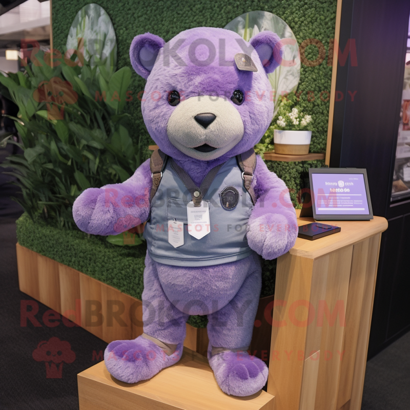 Lavender Bear mascot costume character dressed with a Henley Tee and Wallets Lavender Bear mascot costume character dressed with a Henley Tee and Wallets