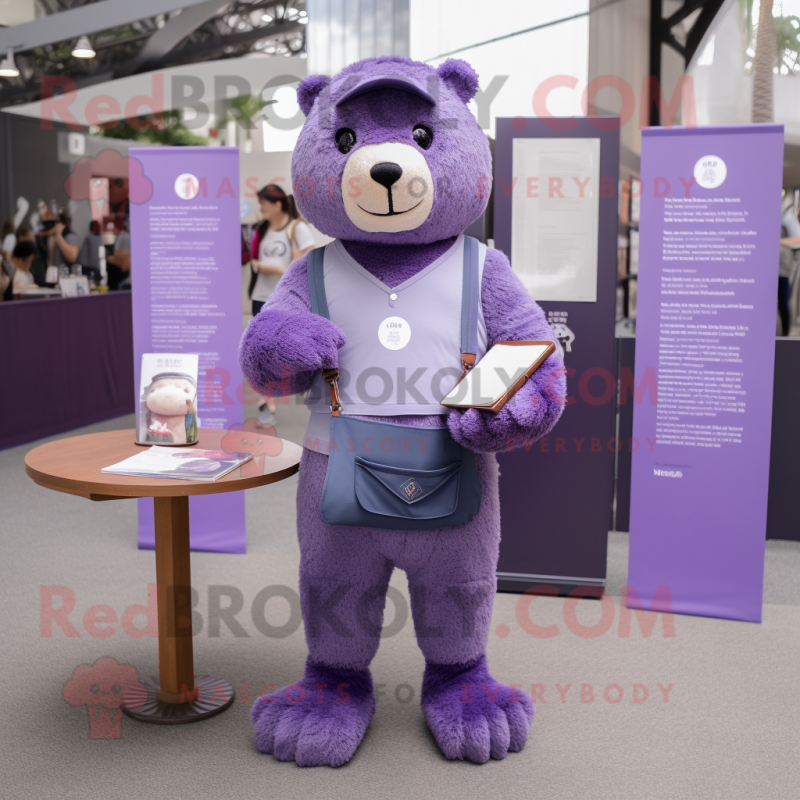 Lavender Bear mascot costume character dressed with a Henley Tee and Wallets