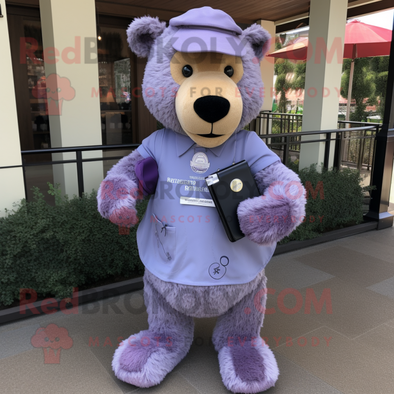 Lavender Bear mascot costume character dressed with a Henley Tee and Wallets