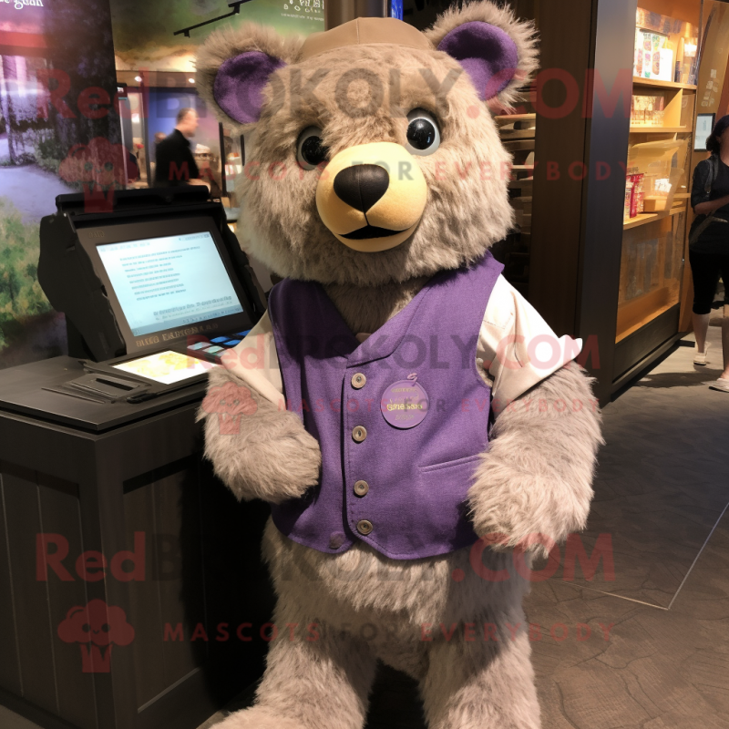 Lavender Bear mascot costume character dressed with a Henley Tee and Wallets Lavender Bear mascot costume character dressed with a Henley Tee and Wallets