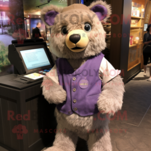 Lavender Bear mascot costume character dressed with a Henley Tee and Wallets