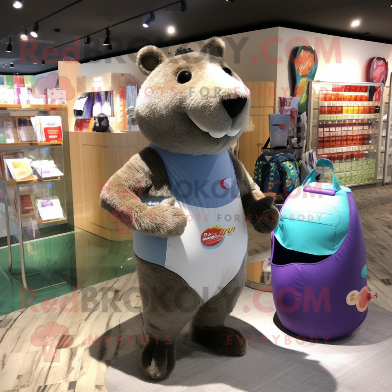 Gray Capybara mascot costume character dressed with a One-Piece Swimsuit and Coin purses