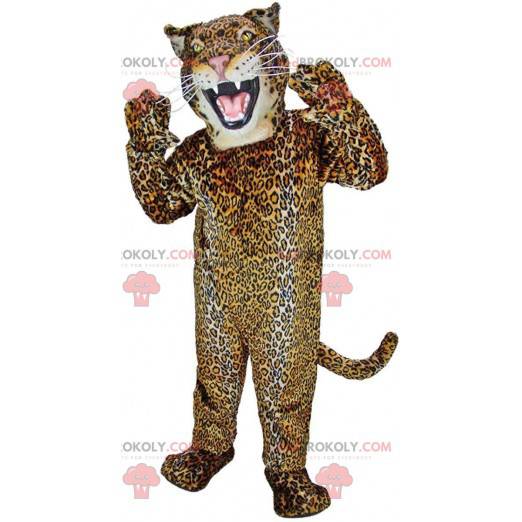 Mascote de jaguar feroz, fantasia colorida de felino -