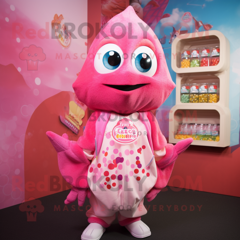 Pink Ceviche mascot costume character dressed with a Long Sleeve Tee and Necklaces Pink Ceviche mascot costume character dressed with a Long Sleeve Tee and Necklaces