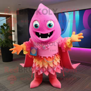 Pink Ceviche mascot costume character dressed with a Long Sleeve Tee and Necklaces