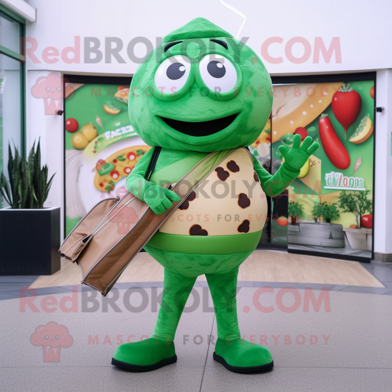 Green Pizza mascot costume character dressed with a Bodysuit and Handbags Green Pizza mascot costume character dressed with a Bodysuit and Handbags