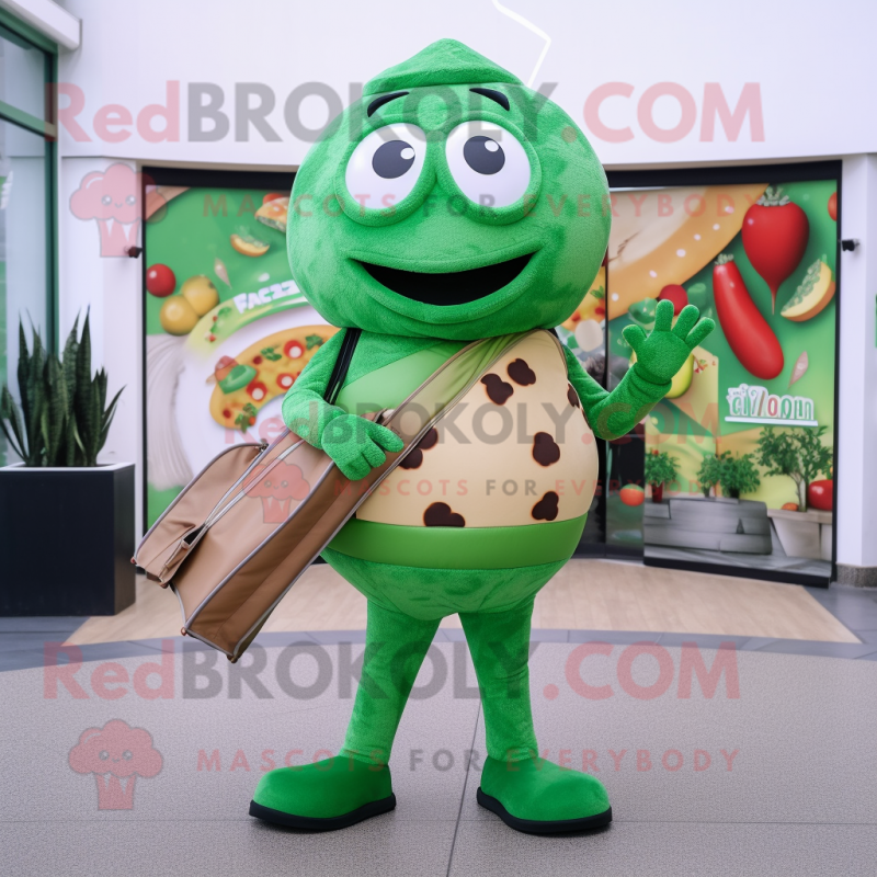 Green Pizza mascot costume character dressed with a Bodysuit and Handbags