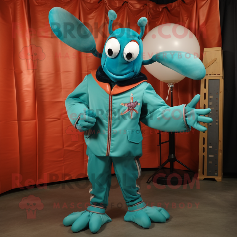 Teal Lobster Bisque mascot costume character dressed with a Bomber Jacket and Tie pins