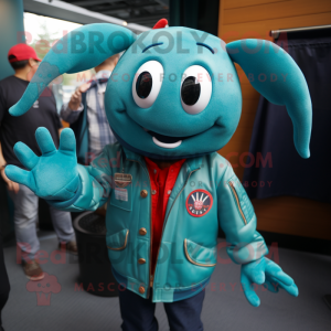 Teal Lobster Bisque mascot costume character dressed with a Bomber Jacket and Tie pins