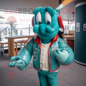 Teal Lobster Bisque mascot costume character dressed with a Bomber Jacket and Tie pins