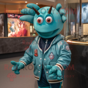 Teal Lobster Bisque mascot costume character dressed with a Bomber Jacket and Tie pins