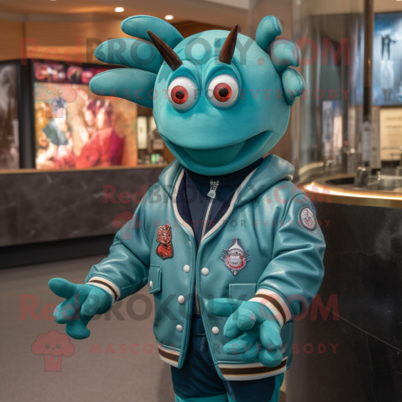 Teal Lobster Bisque mascot costume character dressed with a Bomber Jacket and Tie pins