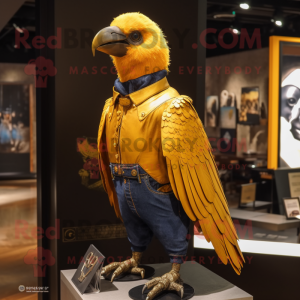 Gold Crow mascot costume character dressed with a Jeans and Brooches