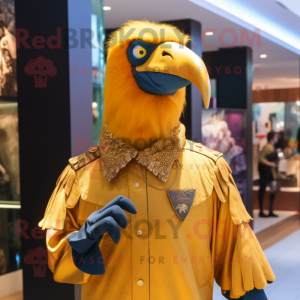 Gold Crow mascot costume character dressed with a Jeans and Brooches