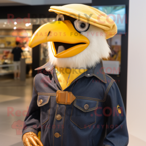 Gold Crow mascot costume character dressed with a Jeans and Brooches