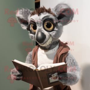 Gray Lemur mascot costume character dressed with a Henley Shirt and Reading glasses