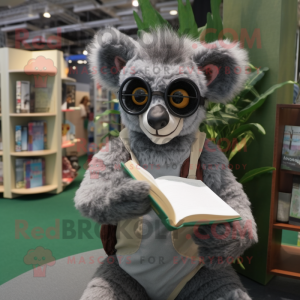 Gray Lemur mascot costume character dressed with a Henley Shirt and Reading glasses