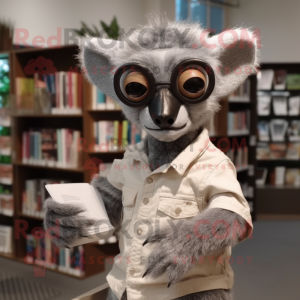 Gray Lemur mascot costume character dressed with a Henley Shirt and Reading glasses