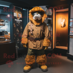 Rust Special Air Service mascot costume character dressed with a Hoodie and Clutch bags