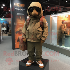 Rust Special Air Service mascot costume character dressed with a Hoodie and Clutch bags