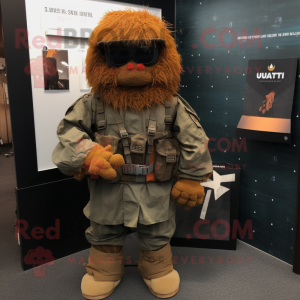 Rust Special Air Service mascot costume character dressed with a Hoodie and Clutch bags