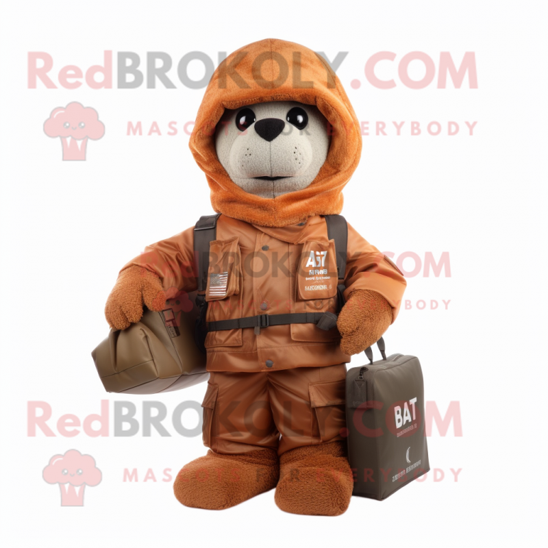 Rust Special Air Service mascot costume character dressed with a Hoodie and Clutch bags