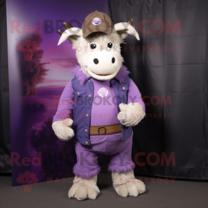 Purple Beef Wellington mascot costume character dressed with a Jeans and Earrings