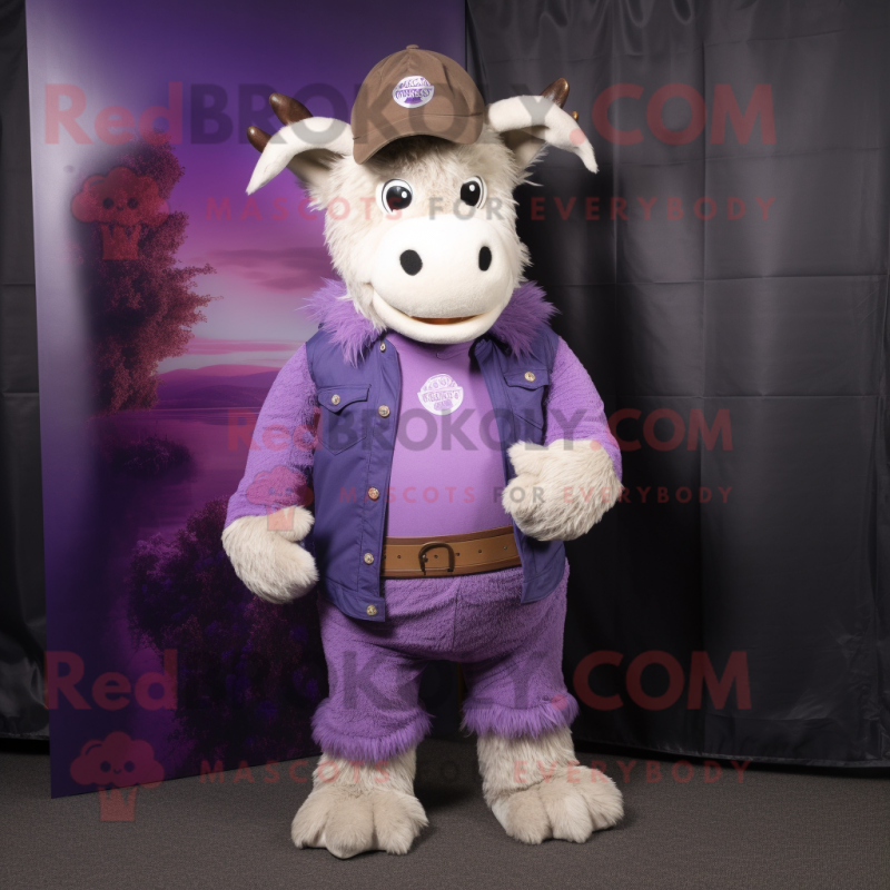 Purple Beef Wellington mascot costume character dressed with a Jeans and Earrings Purple Beef Wellington mascot costume character dressed with a Jeans and Earrings
