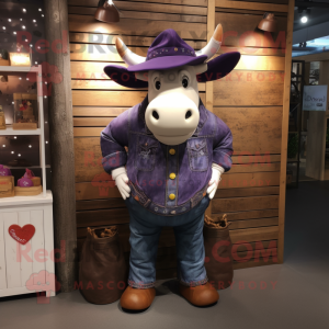 Purple Beef Wellington mascot costume character dressed with a Jeans and Earrings