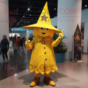 Yellow Witch'S Hat mascot costume character dressed with a Mom Jeans and Lapel pins