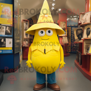 Yellow Witch'S Hat mascot costume character dressed with a Mom Jeans and Lapel pins