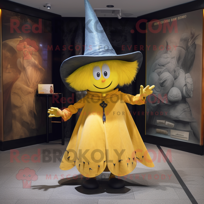 Yellow Witch'S Hat mascot costume character dressed with a Mom Jeans and Lapel pins