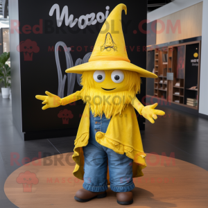 Yellow Witch'S Hat mascot costume character dressed with a Mom Jeans and Lapel pins