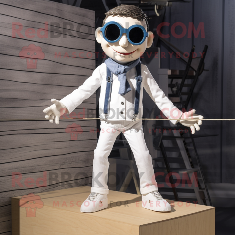 White Tightrope Walker mascot costume character dressed with a Jeans and Sunglasses