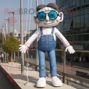 White Tightrope Walker mascot costume character dressed with a Jeans and Sunglasses