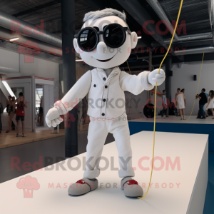 White Tightrope Walker mascot costume character dressed with a Jeans and Sunglasses