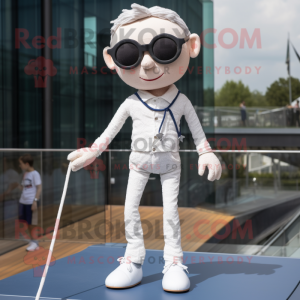 White Tightrope Walker mascot costume character dressed with a Jeans and Sunglasses