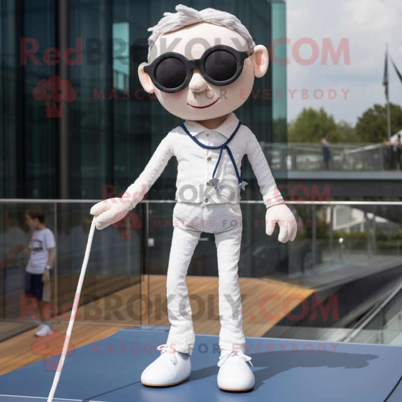 White Tightrope Walker mascot costume character dressed with a Jeans and Sunglasses White Tightrope Walker mascot costume character dressed with a Jeans and Sunglasses