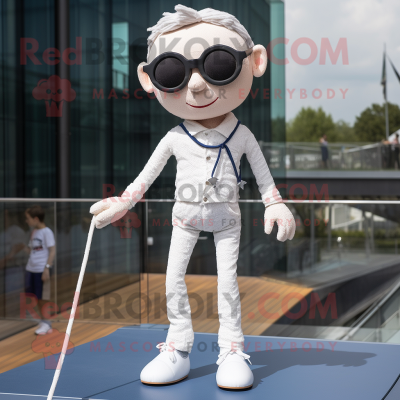 White Tightrope Walker mascot costume character dressed with a Jeans and Sunglasses